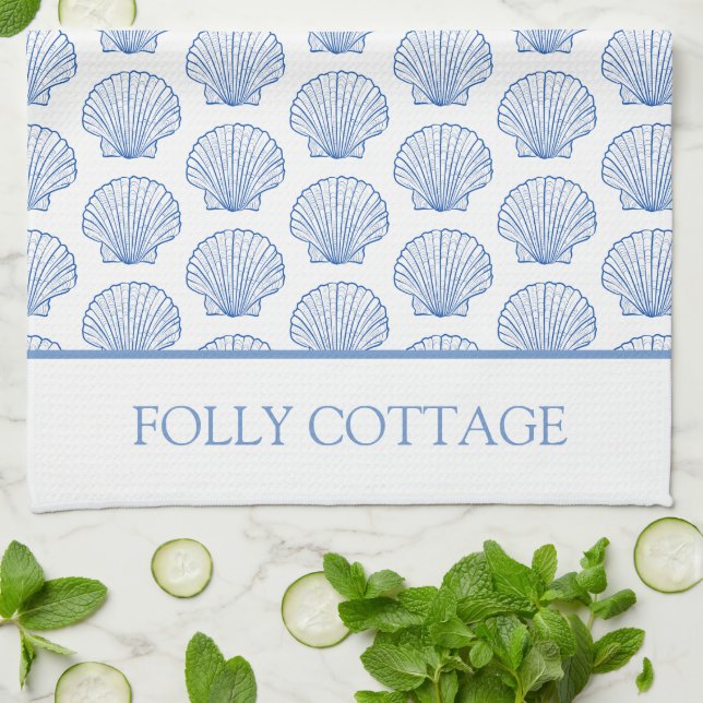 Linge De Cuisine Coquillage côtier bleu et blanc Personnalisé (Plié)