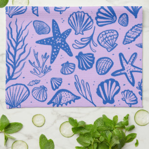 Linge De Cuisine Coquillages Bleu & Violet Motif Plage Coques Chic