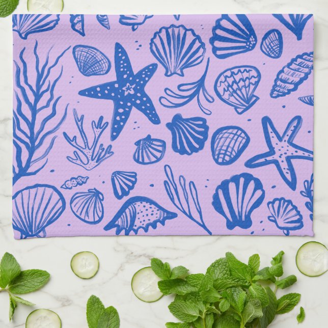 Linge De Cuisine Coquillages Bleu & Violet Motif Plage Coques Chic (Plié)