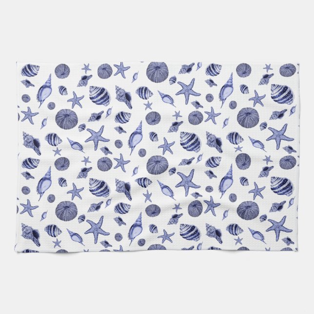 Linge De Cuisine Coquillages bleus et blancs (Horizontal)
