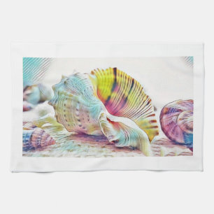 Linge De Cuisine Coquillages rose jaune et bleu aquarelle
