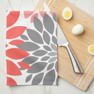 Linge De Cuisine Corail et chrysanthèmes gris Motif floral