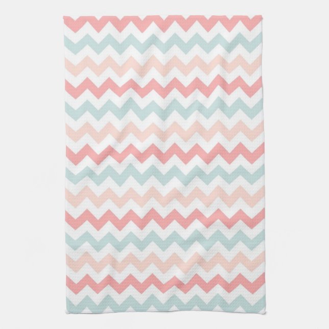 Linge De Cuisine Corail, rose, Chevron bleu (Vertical)