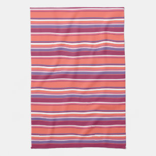 Linge De Cuisine Corail vivant, bandes rouge et violet