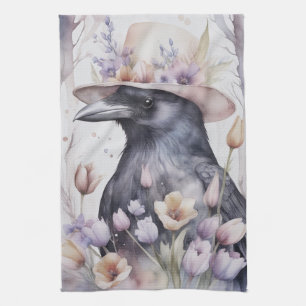 Linge De Cuisine Corbeau Crow avec chapeau et fleurs Watercolor