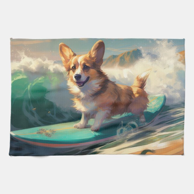 Linge De Cuisine Corgi Beach Surf Peinture (Horizontal)