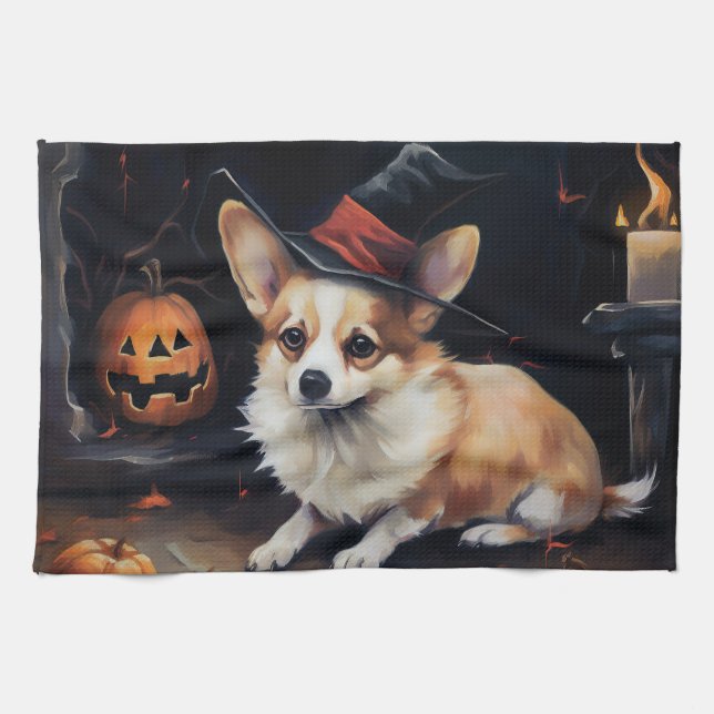 Linge De Cuisine Corgi Citrouille Halloween effroi (Horizontal)