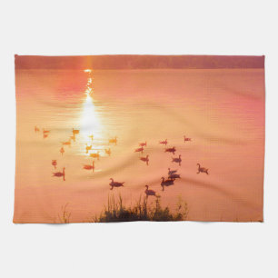 Linge De Cuisine Coucher de soleil rose et de lac de pêche