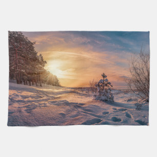 Linge De Cuisine Coucher de soleil sur la côte de la mer d'hiver