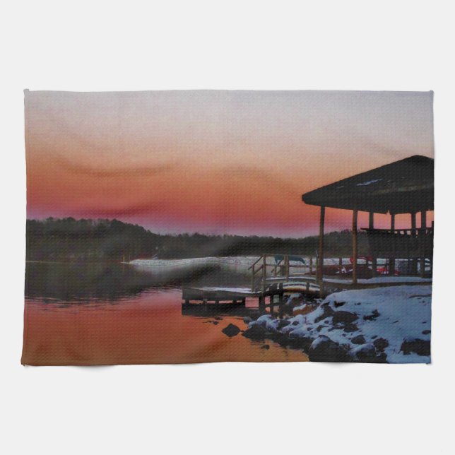 Linge De Cuisine Coucher de soleil sur le quai du lac Arrowhead (Horizontal)