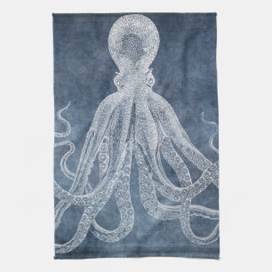 Linge De Cuisine Couleur d'eau octopus bleu crémeux Vintage