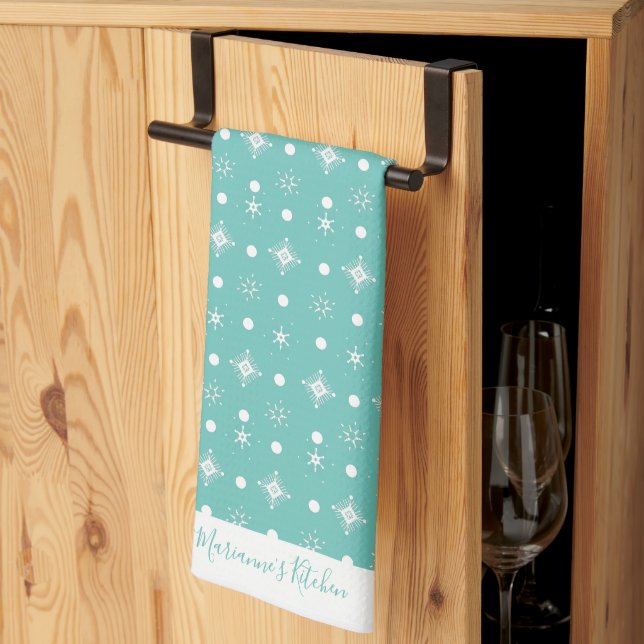 Linge De Cuisine Coupe de neige Motif blanc Nom du script Turquoise (Pliage en tiers)