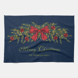 Linge De Cuisine Couronne de Noël avec un nœud rouge et des boules