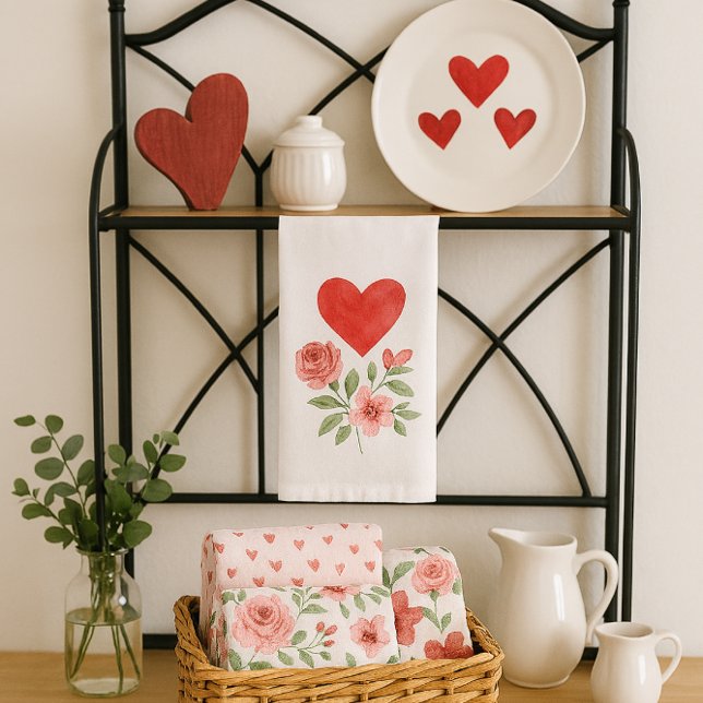 Linge De Cuisine Cozy Cottage Heart and Roses  (Add romantic charm to your kitchen with Valentine’s Day towels featuring hearts, and roses)