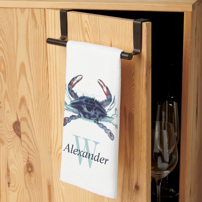 Linge De Cuisine Crabe Turquoise gris bleu marine monogramme (Pliage en tiers)