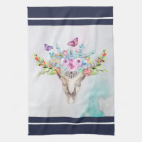 Crâne animal Boho avec papillons et fleurs