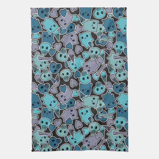 Linge De Cuisine Crânes, et coeurs sur l'arrière - plan noir 2 (Vertical)