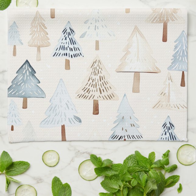 Linge De Cuisine Crème Bleue Cosy Arbres de Noël (Plié)