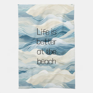 Linge De Cuisine Crème Bleue Mer Sable Océan Vagues