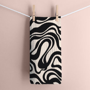 Linge De Cuisine Crème et Noir 1970s Retro Moderne Swirl