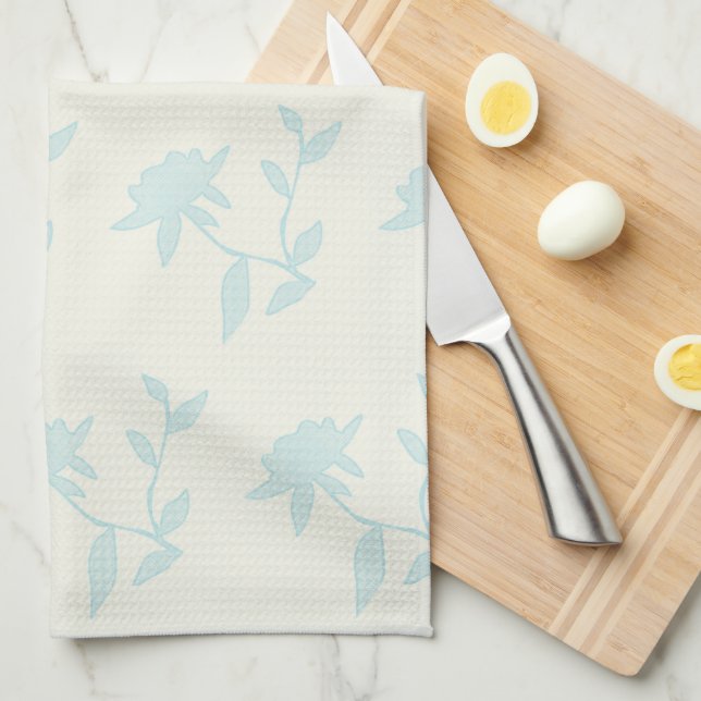 Linge De Cuisine Crème Florale vintage Et Bleu Clair (Quart Plié)