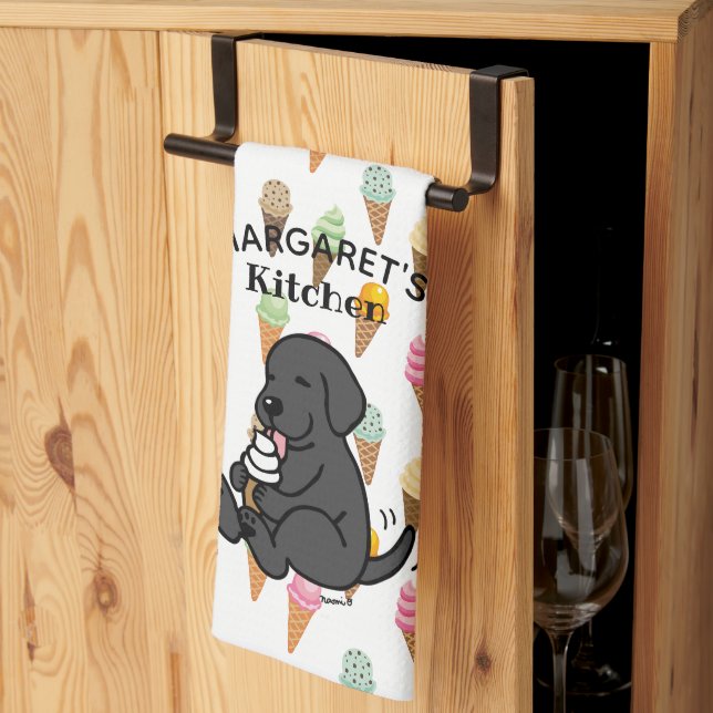 Linge De Cuisine Crème glacée Licking Black Lab personnalisée (Pliage en tiers)