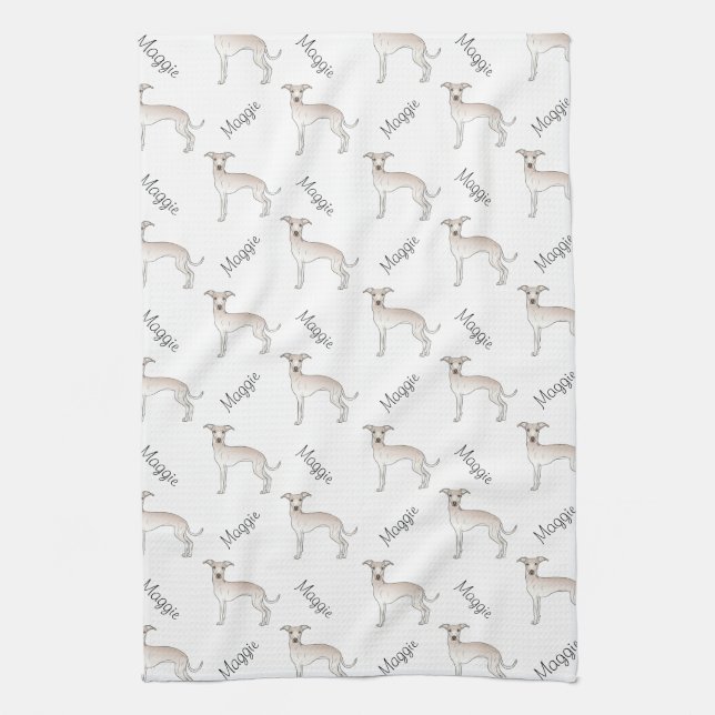 Linge De Cuisine Crème Italien Greyhound Cute Chien Motif Avec Nom (Vertical)