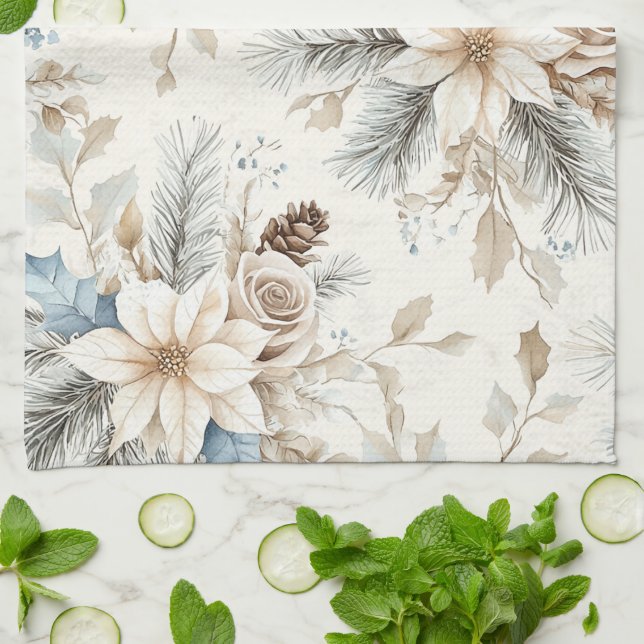 Linge De Cuisine Crème Poinsettia Bleu Floral Noël (Plié)