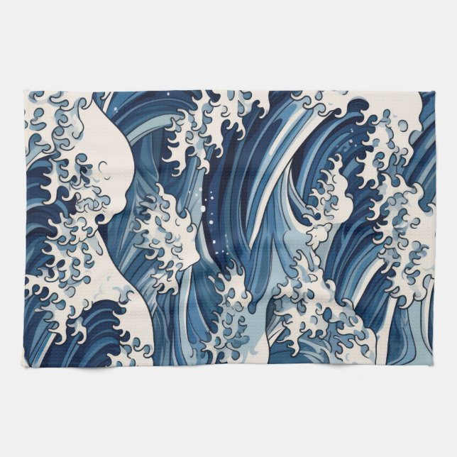 Linge De Cuisine Crêtes éphémères : Les vagues d'Hokusai réimaginée (Horizontal)