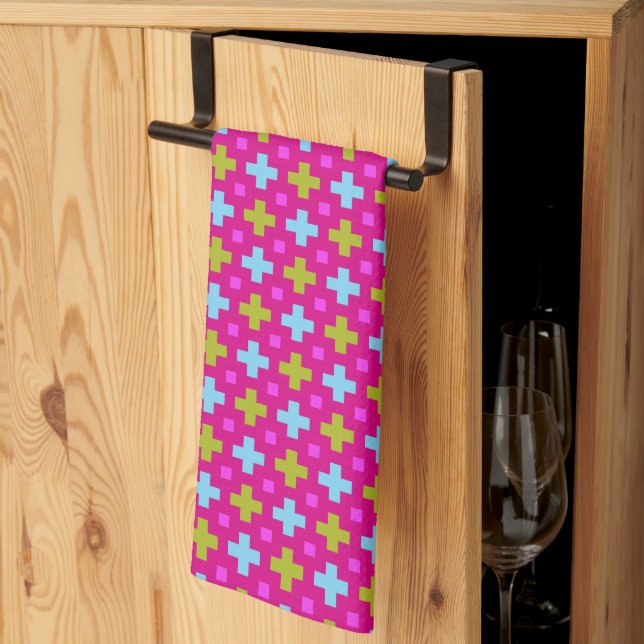 Linge De Cuisine croix magenta et multicolores (Pliage en tiers)