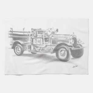 Linge De Cuisine croquis de camion de pompiers vintage dessiné à la