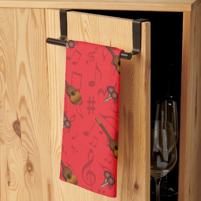 Linge De Cuisine Cuatro and Maracas with Music Notes on RED (Pliage en tiers)