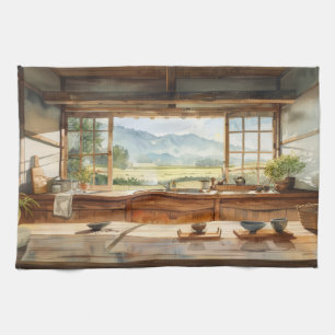 Linge De Cuisine Cuisine de campagne japonaise avec vue sur rizière