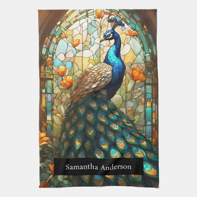 Linge De Cuisine Cuisine de luxe : Peacock en verre tendu Nom perso (Vertical)