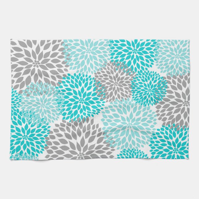 Linge De Cuisine Cuisine florale turquoise et grise (Horizontal)