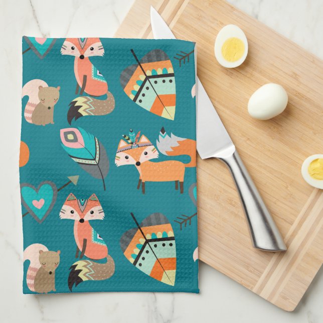 Linge De Cuisine Cuisine Motif turquoise Tribal Fox (Quart Plié)