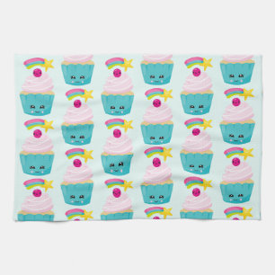 Linge De Cuisine Cupcake bleu mignon avec visage Kawaii