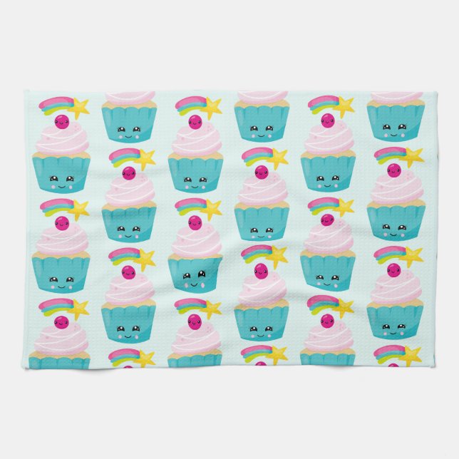 Linge De Cuisine Cupcake bleu mignon avec visage Kawaii (Horizontal)