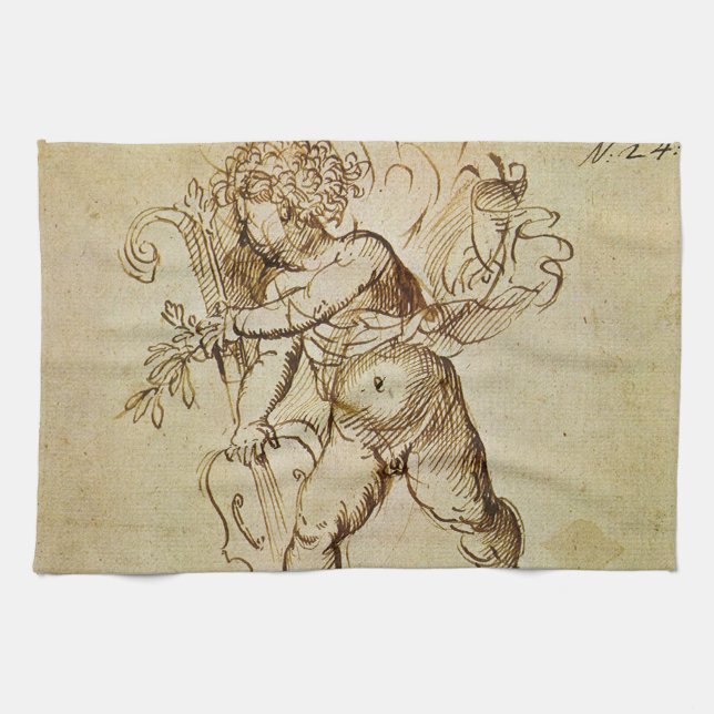 Linge De Cuisine Cupid avec un violon par Domenico Campagnola (Horizontal)
