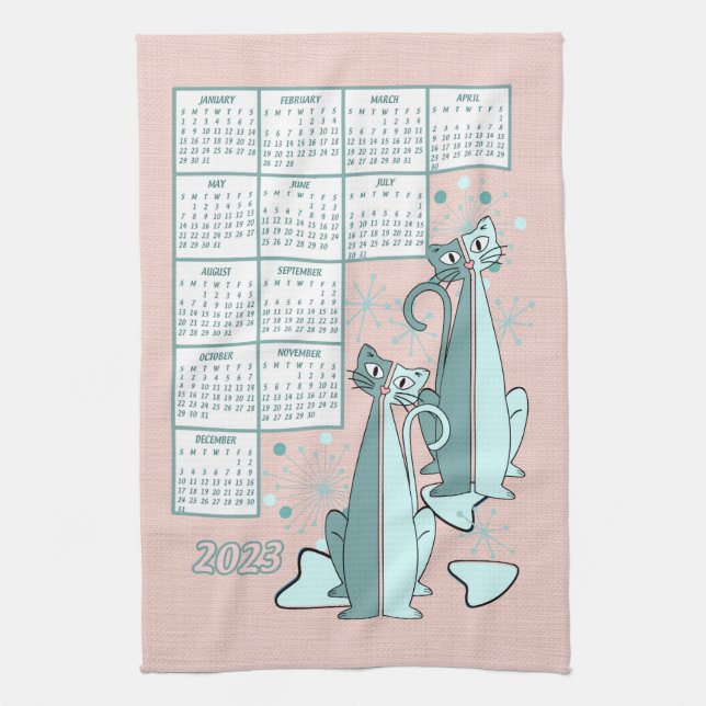 Linge De Cuisine Curious Cats Retro Mid Century 2023 Calendrier (Vertical)