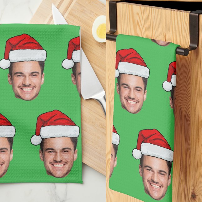 Linge De Cuisine Custom Face Photo Santa Hat Christmas Green (Créateur téléchargé)
