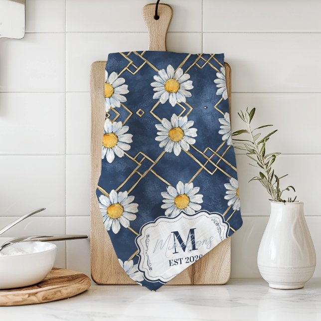 Linge De Cuisine Custom Navy Daisy Gingham Monogram Decor (Créateur téléchargé)