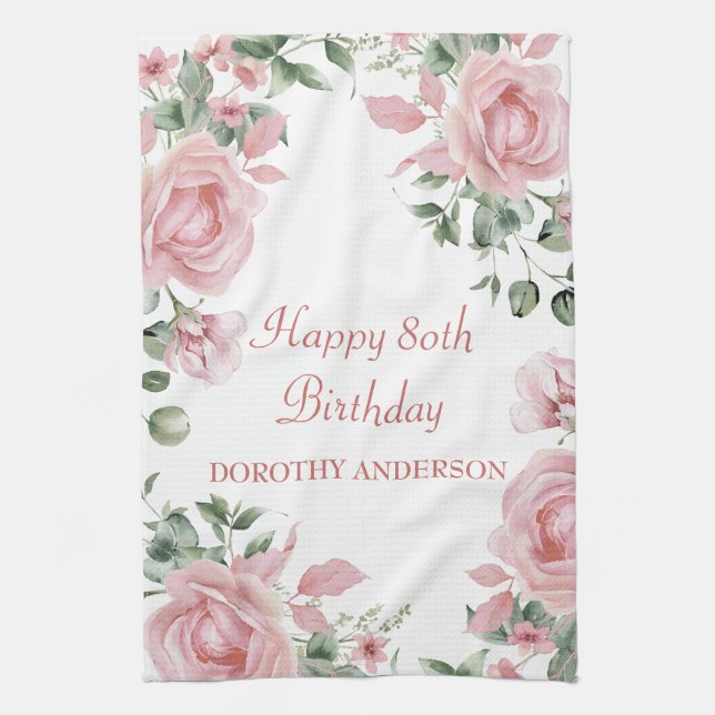 Linge De Cuisine Custom Pink Rose Floral 80th Birthday (Vertical)