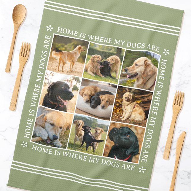 Linge De Cuisine Custom Text Photo Collage Pet Dog Earthy Green (Créateur téléchargé)