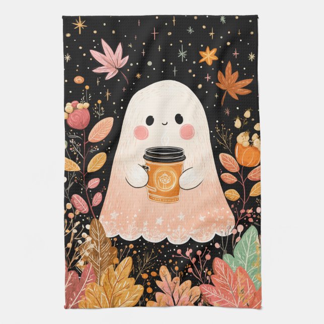 Linge De Cuisine Cute Autumn Ghost with Pumpkin Coffee – Cozy Fall  (Vertical)