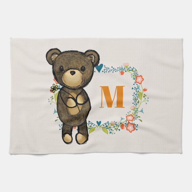 Linge De Cuisine Cute Bear, Yellow Flower & Floral Wreath Monogram (Horizontal)