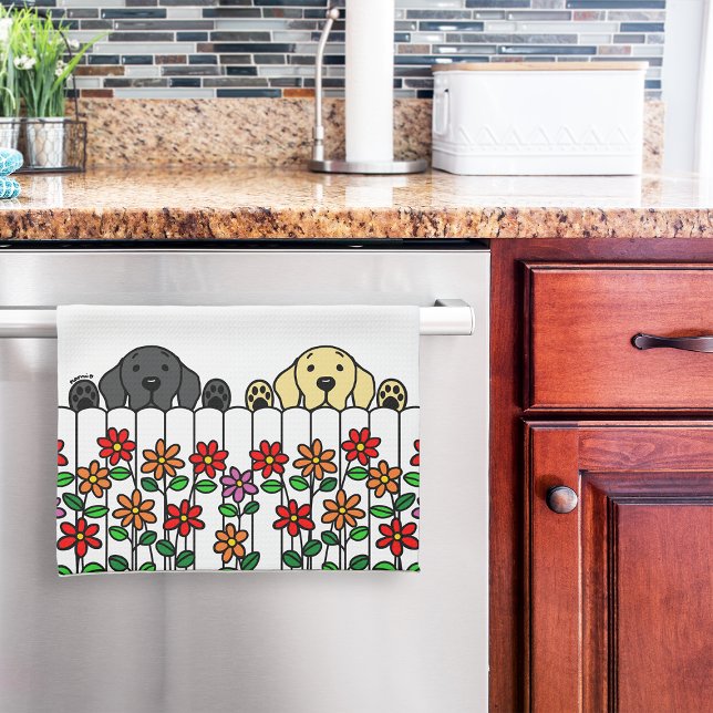Linge De Cuisine Cute Black Lab Yellow Lab Observateur (Black Lab and Yellow Lab Watching Cartoon Kitchen Towel for Labrador owners.  Cute dogs and flowers.)