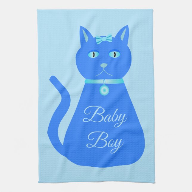 Linge De Cuisine Cute Blue Baby Boy Chat Personnalisé (Vertical)
