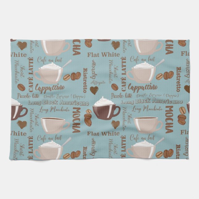 Linge De Cuisine Cute Café Cups Crème Caféine Grains Coeur Brown (Horizontal)