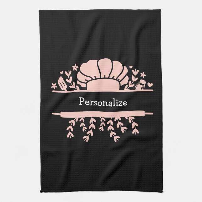 Linge De Cuisine Cute Chef Casquette Rolling Pin Baker Rose Noir (Vertical)